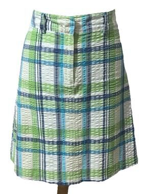 Lilypod Womens 8 Blue Green Seersucker Plaid Cotton Lined Skirt Knee Length